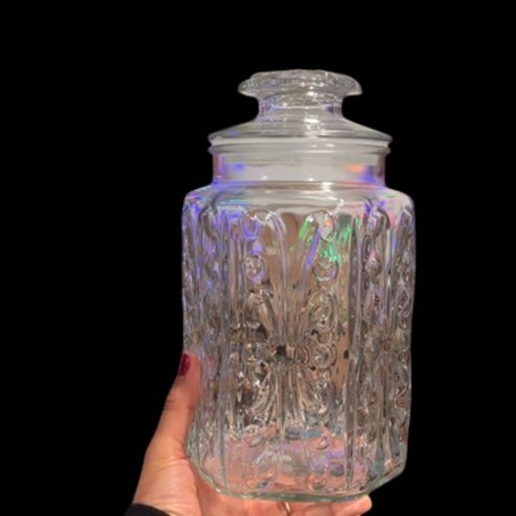 #30 LE Smith Large Clear Atterbury Scroll Glass Canister Jar 9”