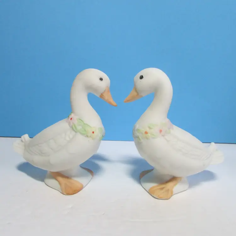 lot of 2 vintage Lefton ceramic white geese with flower goose figures