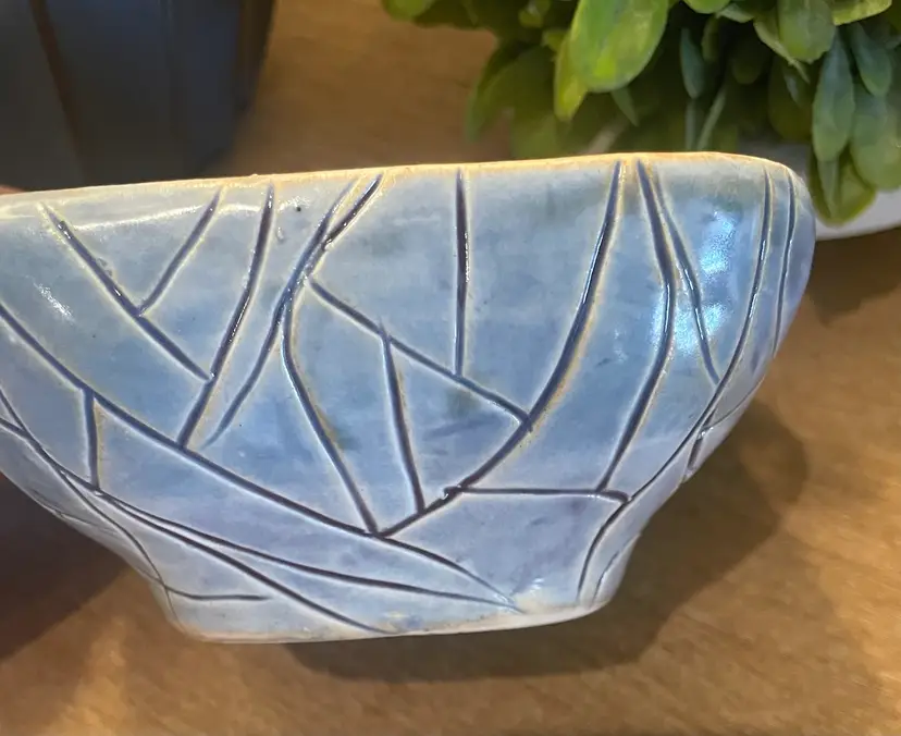 Vintage Studio Art Pottery Square Ceramic Bowl – Textured Blue & Grey Iridescent Glaze, Geometric Hand-Carved Catchall Dish