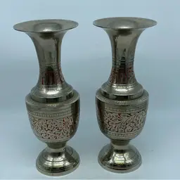 #1839 Pair Silver Colour Metal Etched On Red. Made In India Vases