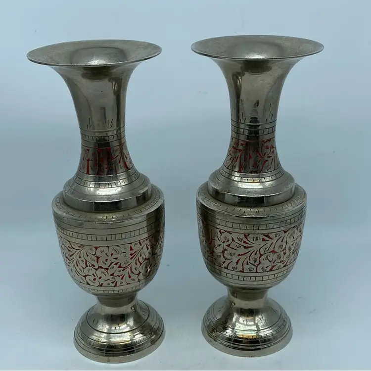 #1839 Pair Silver Colour Metal Etched On Red. Made In India Vases