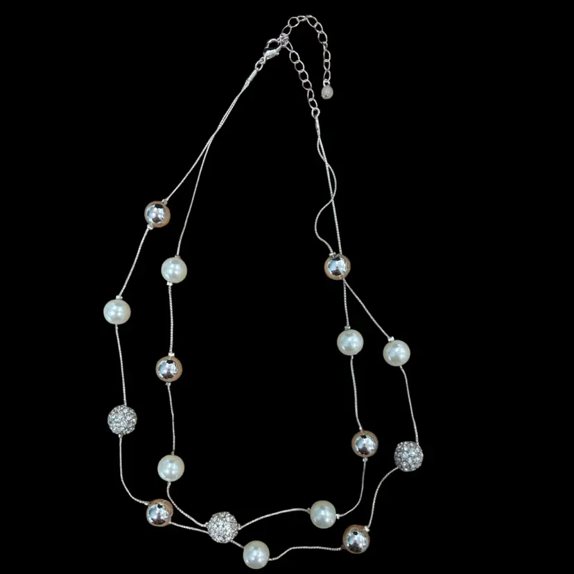 Silver Tone Pearl Rhinestone Station Bead Statement Necklace 16"