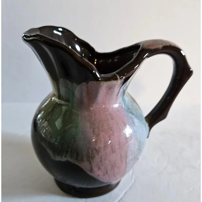 #01 - Vintage Lugene's Brown with Pink, Blue and Green Drip Glaze, 4.5" tall x 4.5" wide, Made in Japan