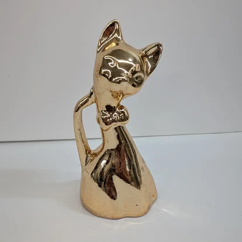 Vintage Long Neck Gold Cat Bow Porcelain Figurine Crackle MCM Made In Japan 5”