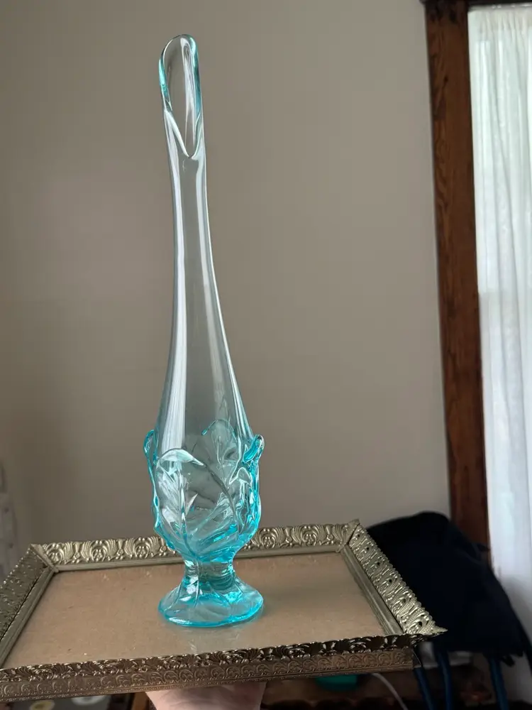 Vintage Viking Glass Epic Leaf Swung Vase In Spring Blue
