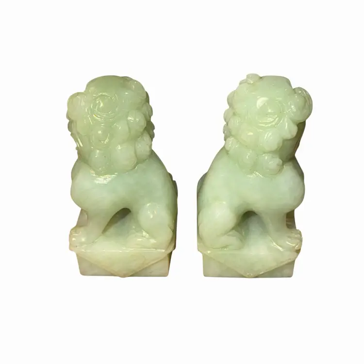 Carved Jade Foo Dogs Pair Vintage Guardian Lions 3.25” Figurines