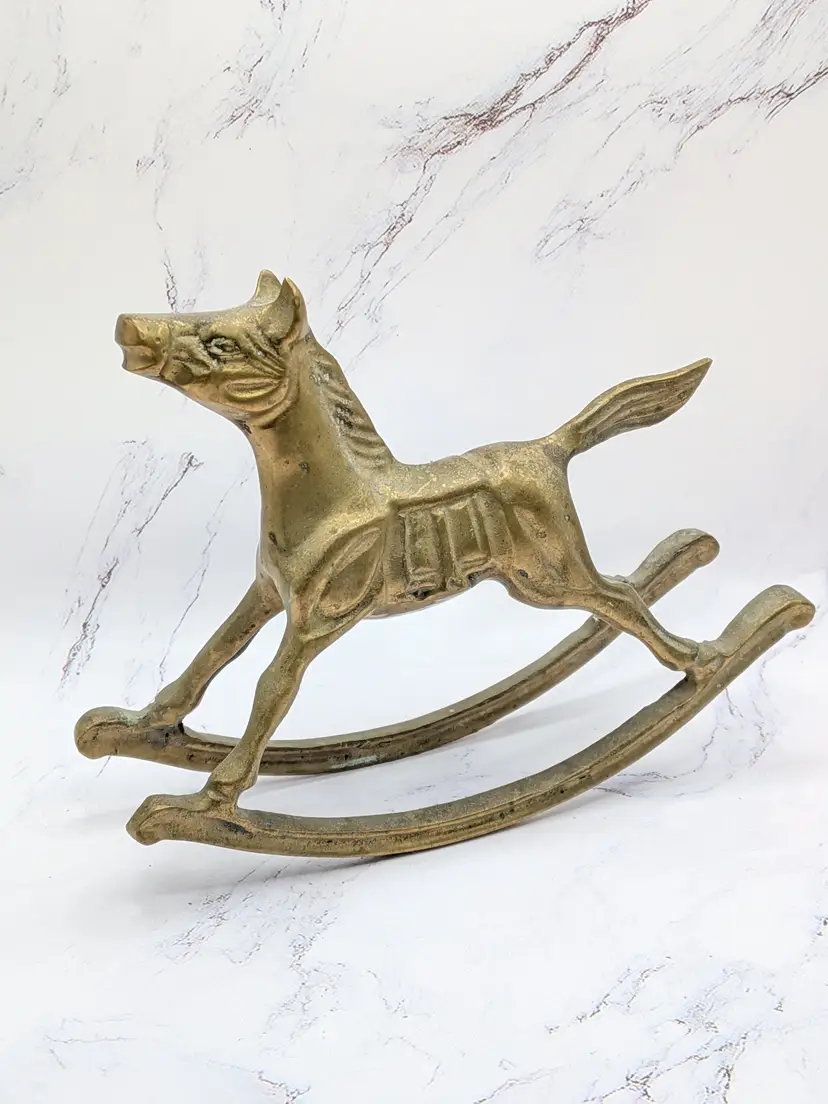 vintage brass rocking horse natural oxidization patina