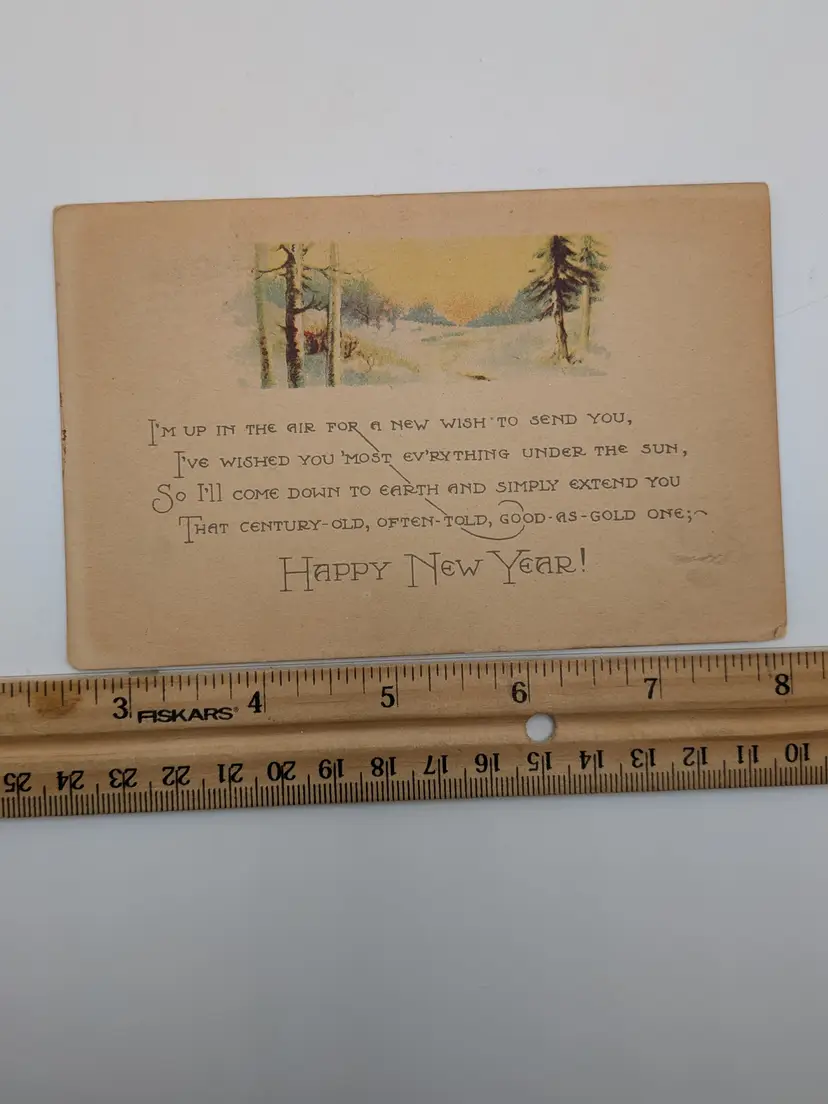 E93. Antique Postcard Postmarked 1922 Green 1¢ Stamp "Happy New Year" Nature Scene