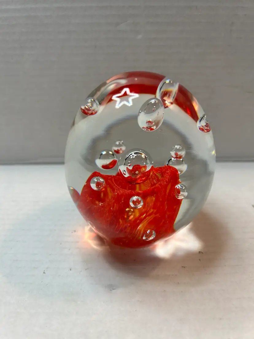 MCM Art Glass Paperweight Controlled Bubbles Oval Bright Red