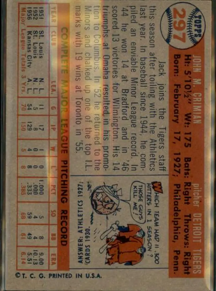 1957 Topps #297 Jack Crimian - ( pk1 ) - Detroit Tigers