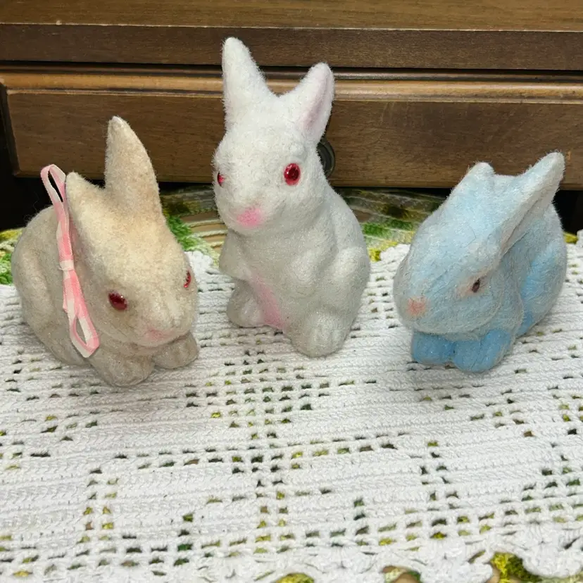 Vintage Flocked Bunny Figurines With Pink Eyes. MCM. Hong Kong.