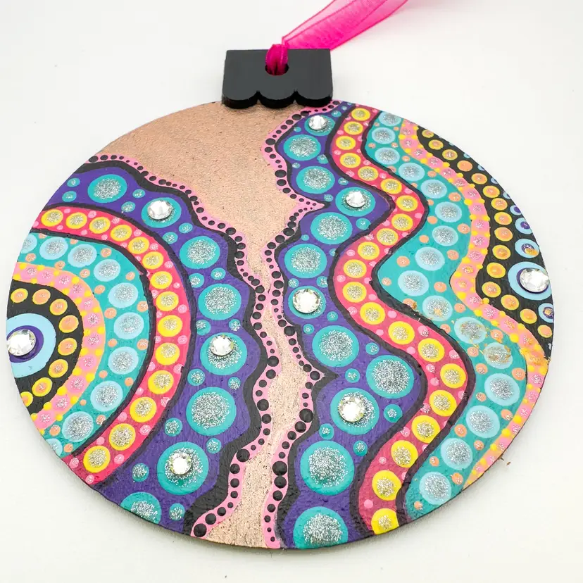 Christmas Crazy Waves Hand Painted Wood Ornament Swarovski Crystal Accents