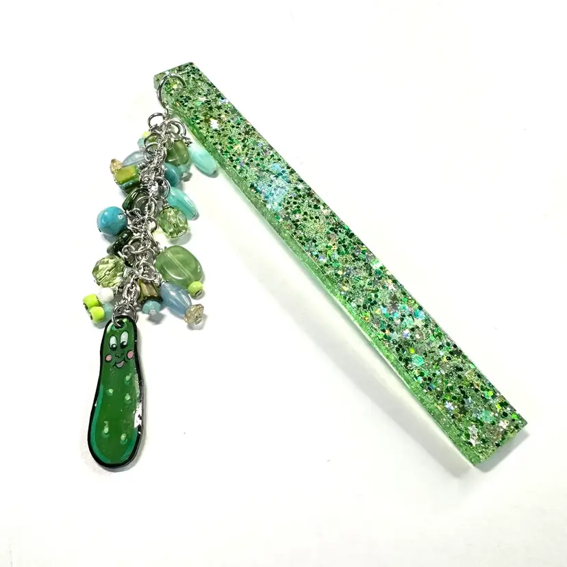 Pickle Blue Green Beaded Dangle Resin Bookmark Green Glitter 5” Plus Dangle Handmade