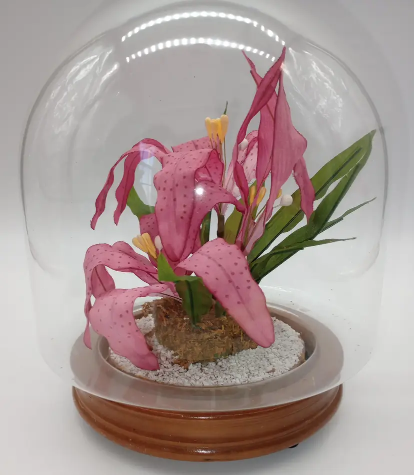 Vintage Glass Dome with Pink Orchid Display