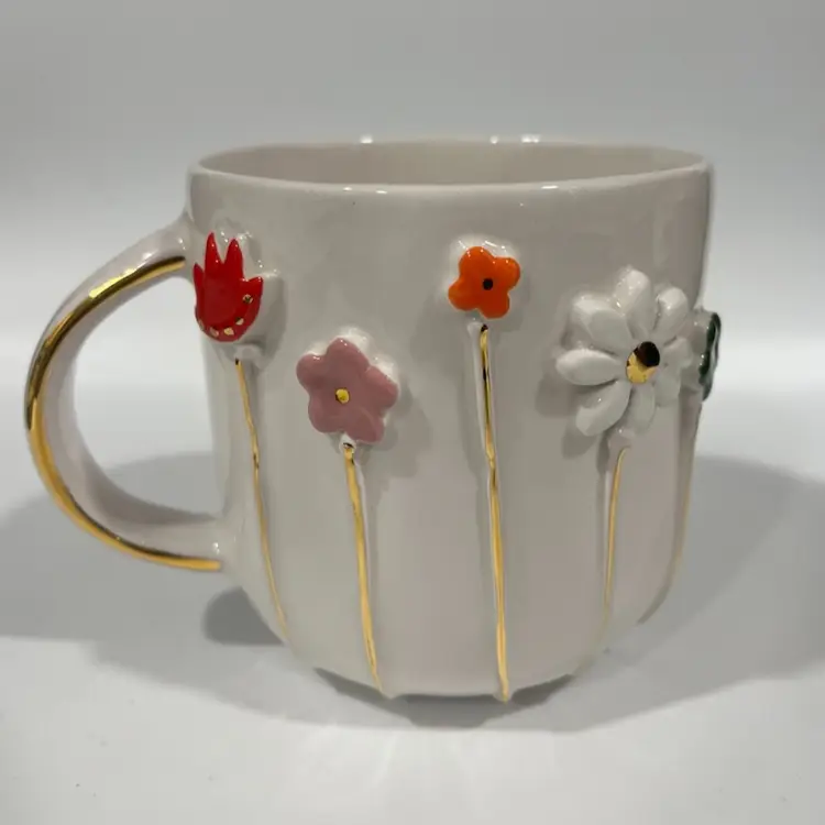 Ceramic Coffee Mug with 5 Dimensional Flowers- Gold Stems- Gold Detail Om Handle. 3.75 Tall, 5” Wide