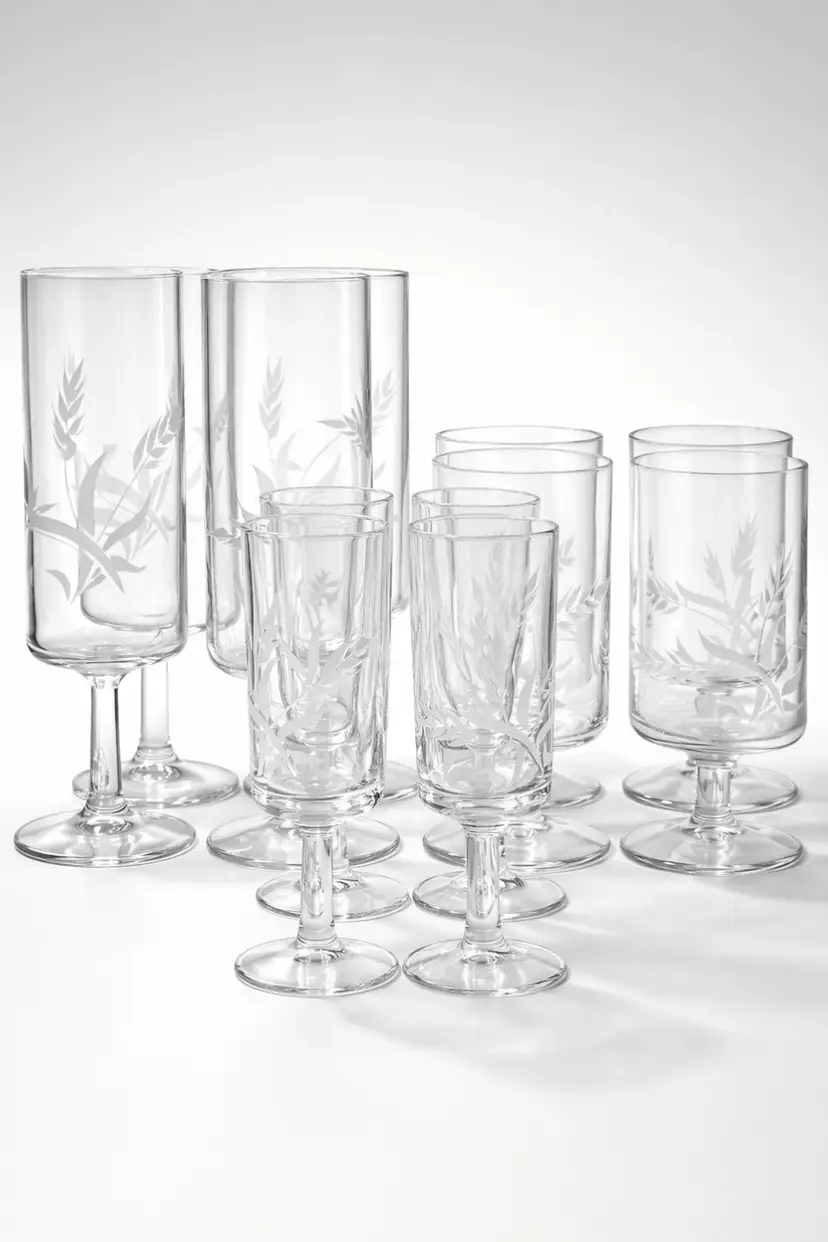 Vintage Javit Fine Wheat Etched Glasses Lot 12 Mid Century Clear Crystal Stemware
