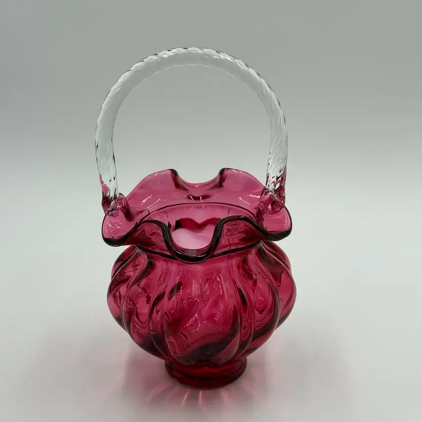 Fenton Vintage Country Cranberry Ruffled Glass Optic & Clear Handle Swirl Melon Basket