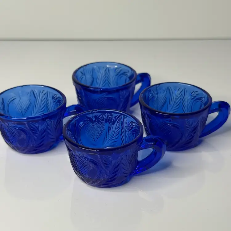 Set Of 4 Tiny Cobalt Blue Glass Strawberry Pattern Teacups 2”