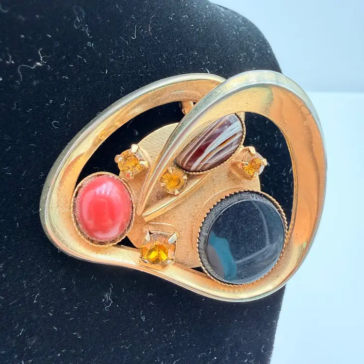 Abstract Gold Tone With Orange Rhinestones And Black And Orange Cabochon Vintage Brooch