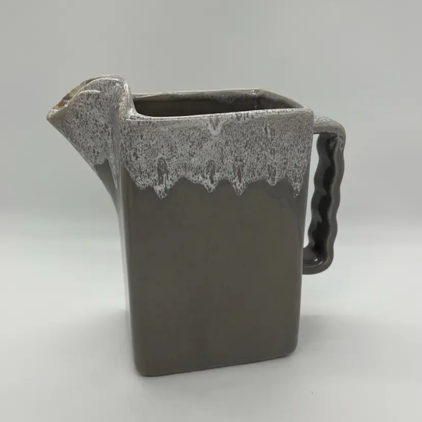 Vintage Gonder Ceramic Arts Pottery Square Rectangular Pitcher Vase Wavy Handle Gray White Drip Glaze MCM