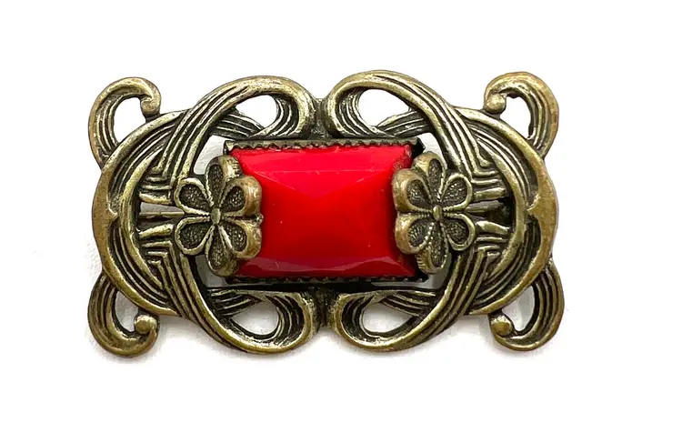 Art Deco Brooch, Red Glass Center, 1 1/2 Inch Gold Surround, C Clasp, Antique 30's Pin