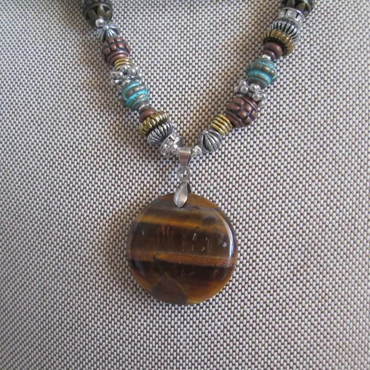 Vintage Metal Beaded Necklace with Lovely Polished Natural Tiger Eye Pendant