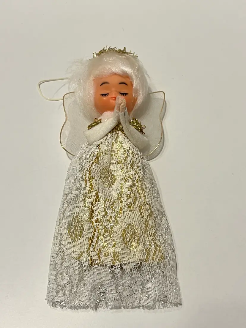 Vintage Angel Christmas Tree Ornament  Plastic Face Cotton Hair Doll Lace & Gold