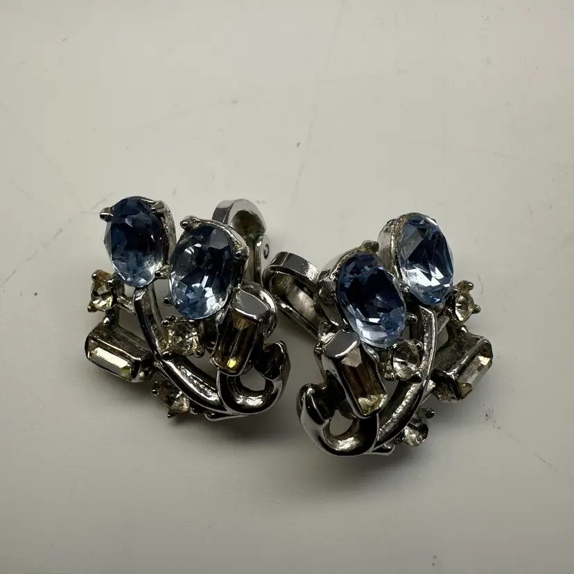 Trifari Blue & Silver Tone Rhinestone Clip Earrings