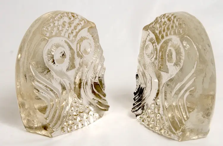 Pair Pilgrim Glass Handblown Clear Owl Bookends 5-1/4" Vintage MCM