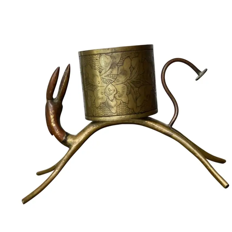 Vintage Brass Dog Match Toothpick Holder Etched 3” Tall