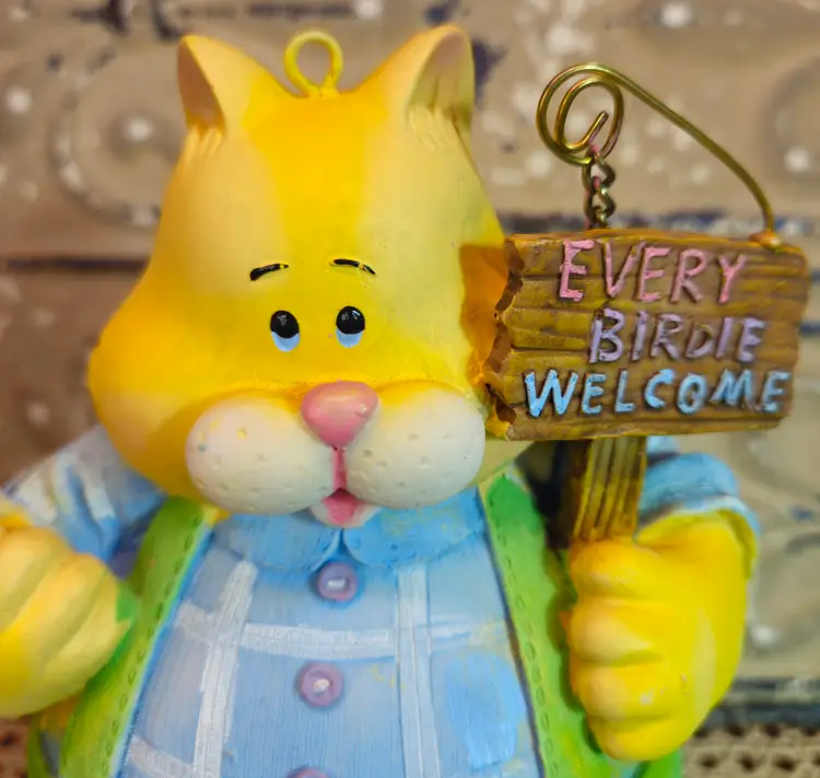 Adorable Birdhouse Yellow Cat Wearing Green Overalls "Every Birdie Welcome"