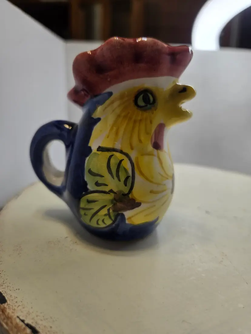 Vintage Mario Gatti Italian Ceramic Rooster Pitcher - Yellow & Blue Majolica Style