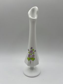 Fenton Glass Bus Vase Signed Hand Painted Floral Botanical Violets In The Snow