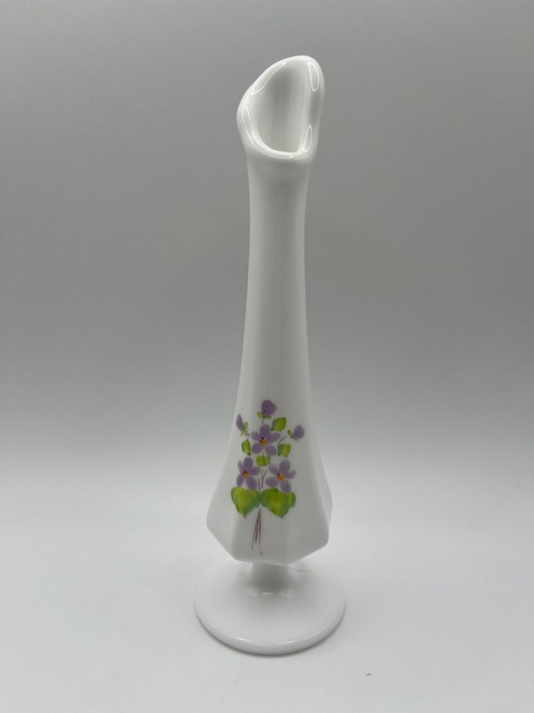 Fenton Glass Bus Vase Signed Hand Painted Floral Botanical Violets In The Snow