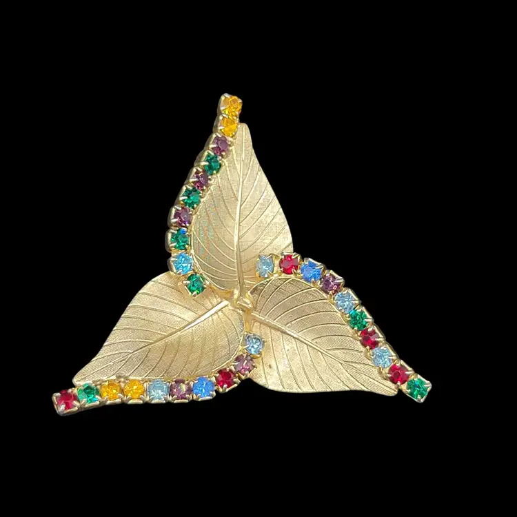 Gold Tone Textured Three Leaf Brooch Edged With Colorful Rhinestones Riveted Back Vintage
