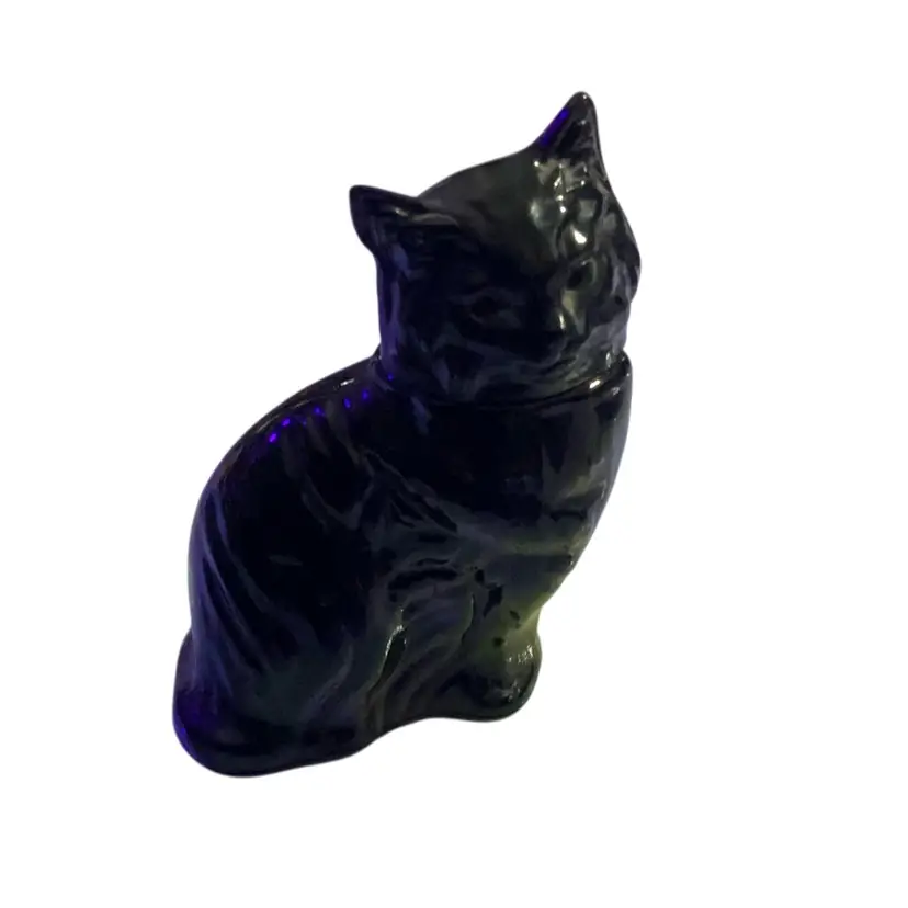 #0134 Spooky 👻 Witchy Women Black Art Glass Cat Shaped AVON Perfume Cologne Bottle 3.5” Tall