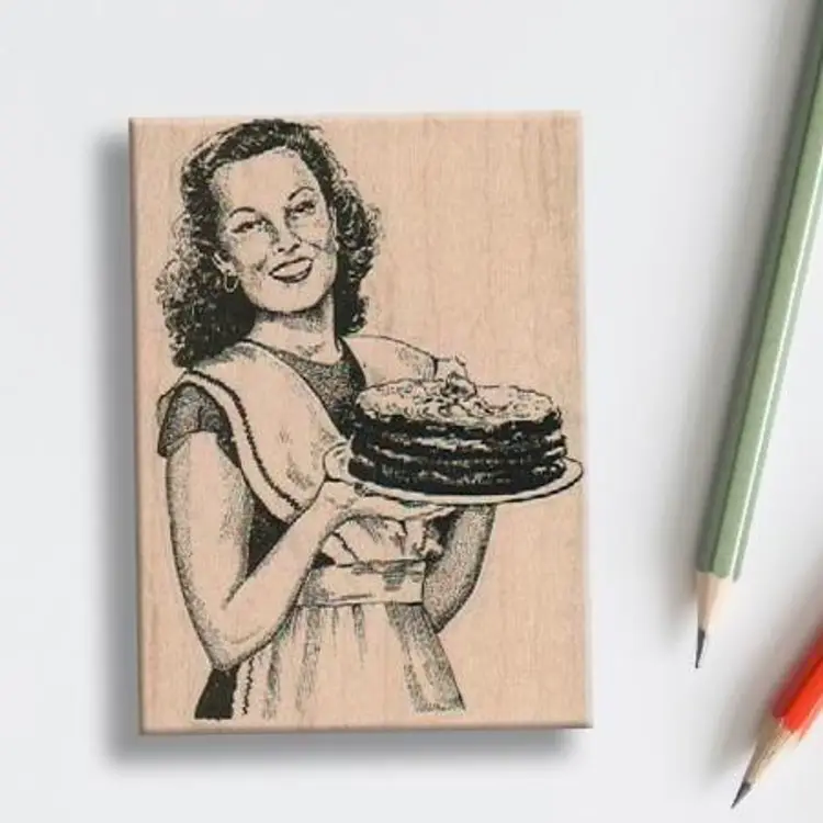 Retro Lady With Large Cake Rubber Stamp