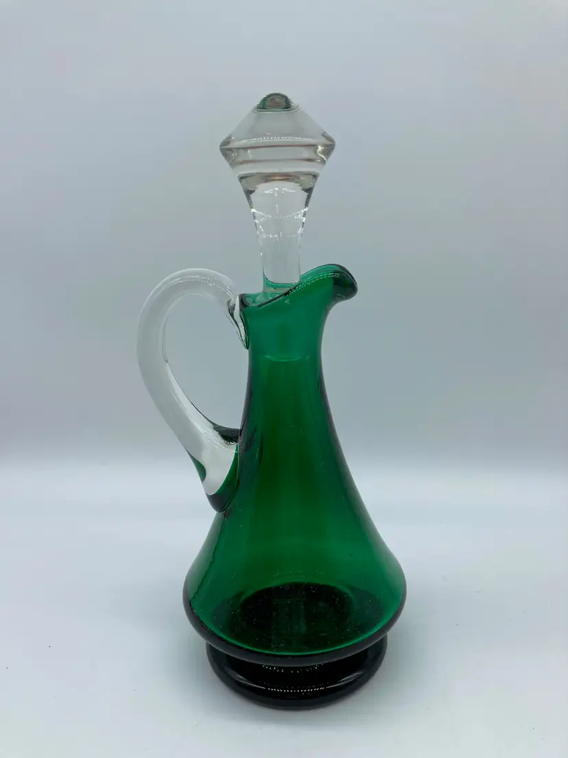Emerald Green Glass with Clear Glass Handle and Stopper Cruet