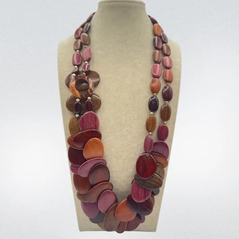 #J39 - Long Beach Boho Wood Necklace Marked Korto