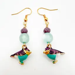Bird Charm Earrings Purple Blue Gold Tone Handmade B25