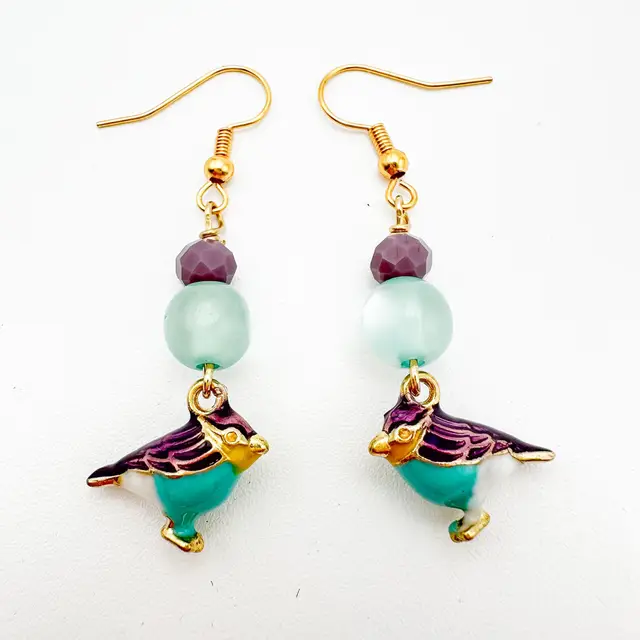Bird Charm Earrings Purple Blue Gold Tone Handmade B25