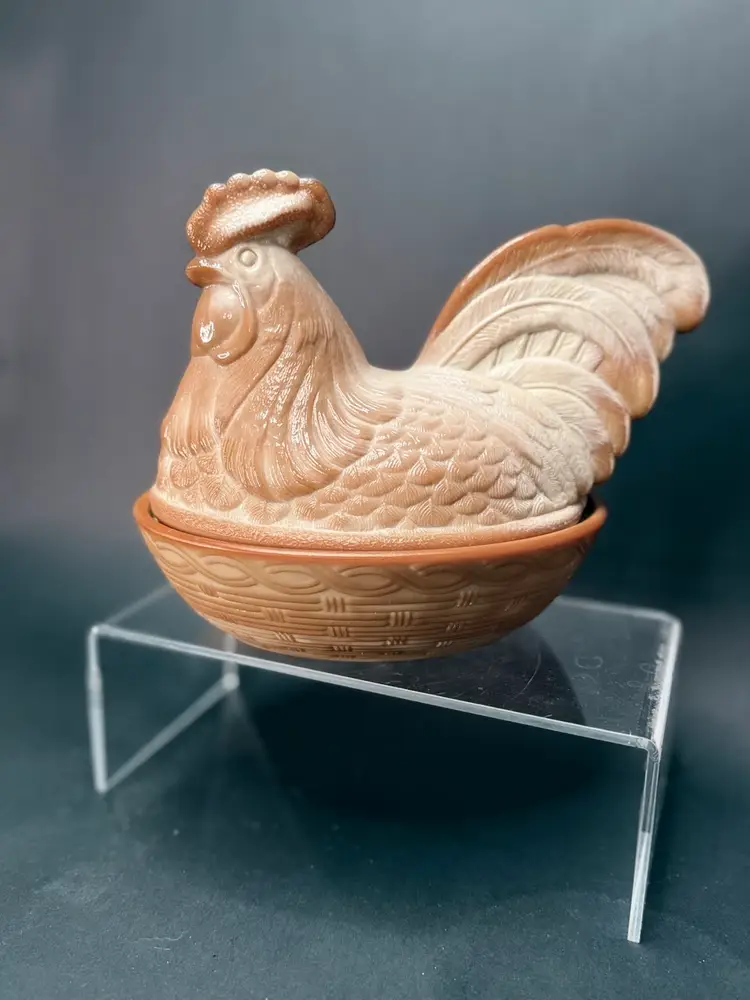 Rare Fenton 6-1/2” Art Glass Rooster On Nest Chocolate Slag Glass 100th Ann