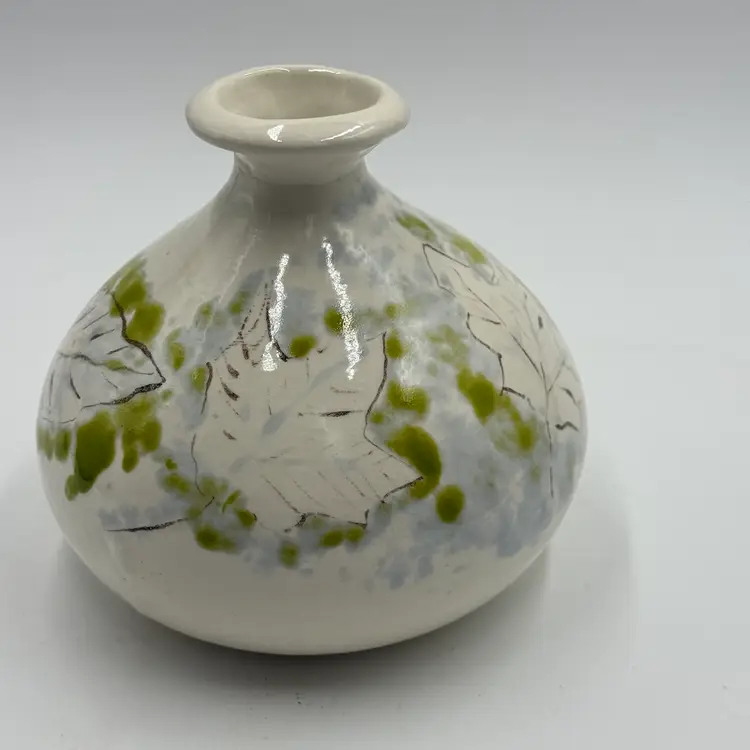 Art Pottery White Bulbous Round Bud Vase Hand Painted Botanical Green Leaf Motif