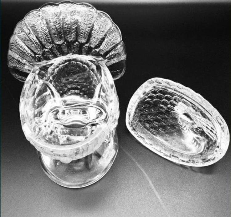 Vintage Turkey Dish LE Smith Clear Glass Lidded Candy Relish Thanksgiving