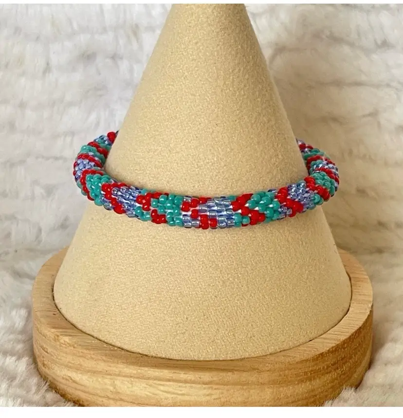 Sashka red and tan stack glass bead bracelet, roll on bracelet