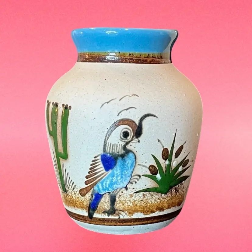 Tonala Mexican Pottery Vase Bird Quail Cactus Cattails Folk Art Handmade