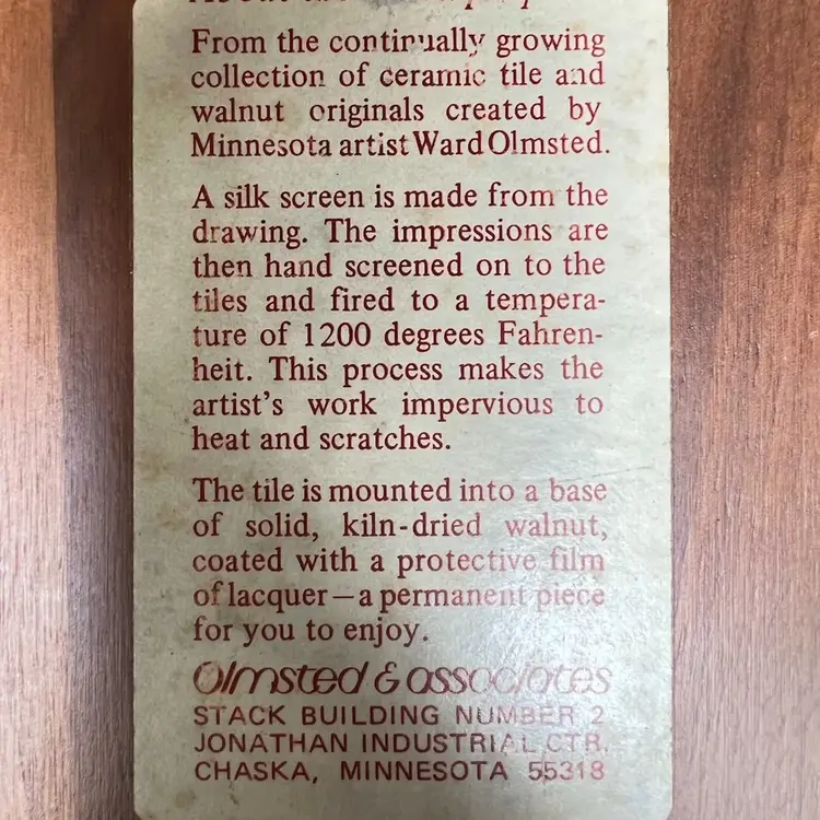 Walnut Trivet Wall Art Silkscreen on Tile Signed WO - Ward Olmsted 1976 Chaska, Minnesota USA