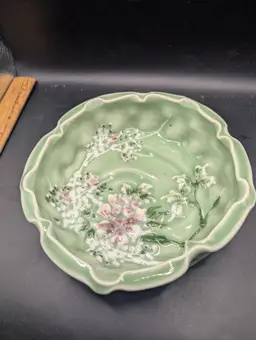 Vintage Japanese Seto Celadon Glaze Porcelain Dish - Scholar Washer Lotus Leaf Shape