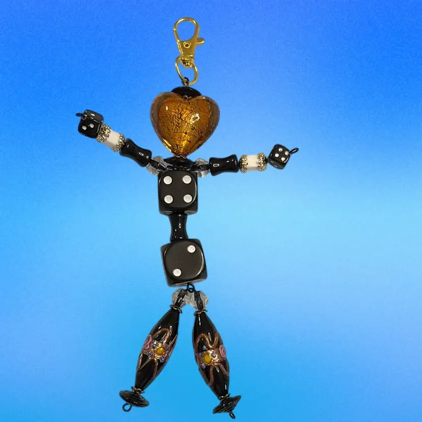 Bead Person. Made By Me With Blown Glass Hold Heart Head, Vintage Dice And Vintage Murano Beads For Legs.  5” Tall, 3” Wide And 1 Inch Hanger.