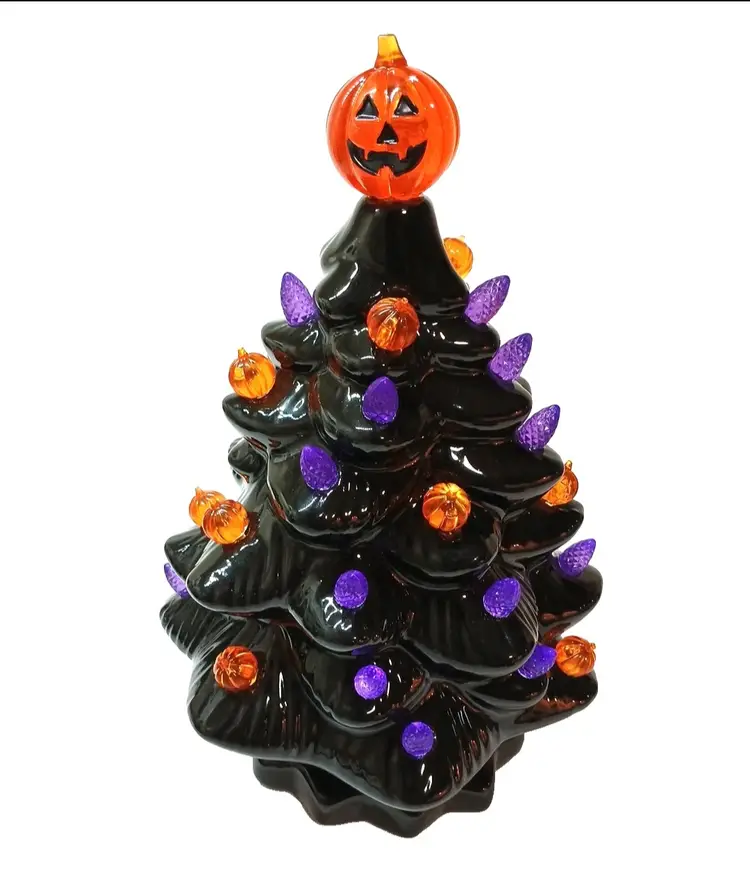 BLACK 9½" Glazed Ceramic Retro Halloween Tree w/ Orange &  Purple Bulbs NEW 🎃